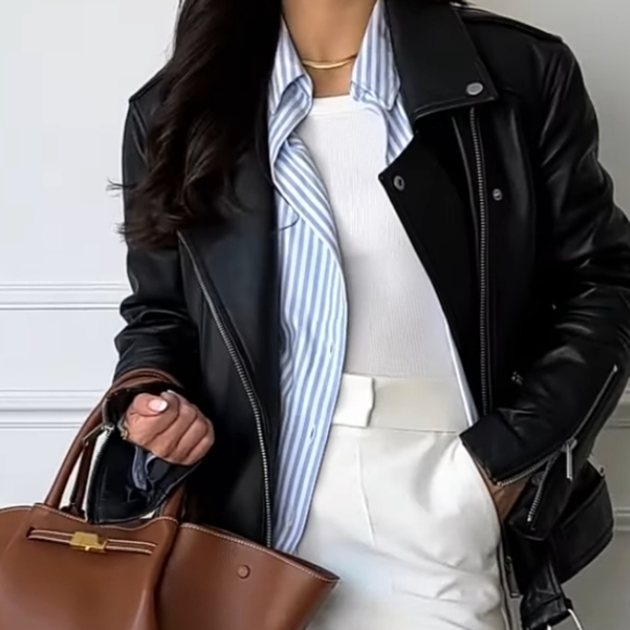 Mango Brown faux leather bomber biker  jacket coat zipper pockets buckles small - Picture 11 of 12